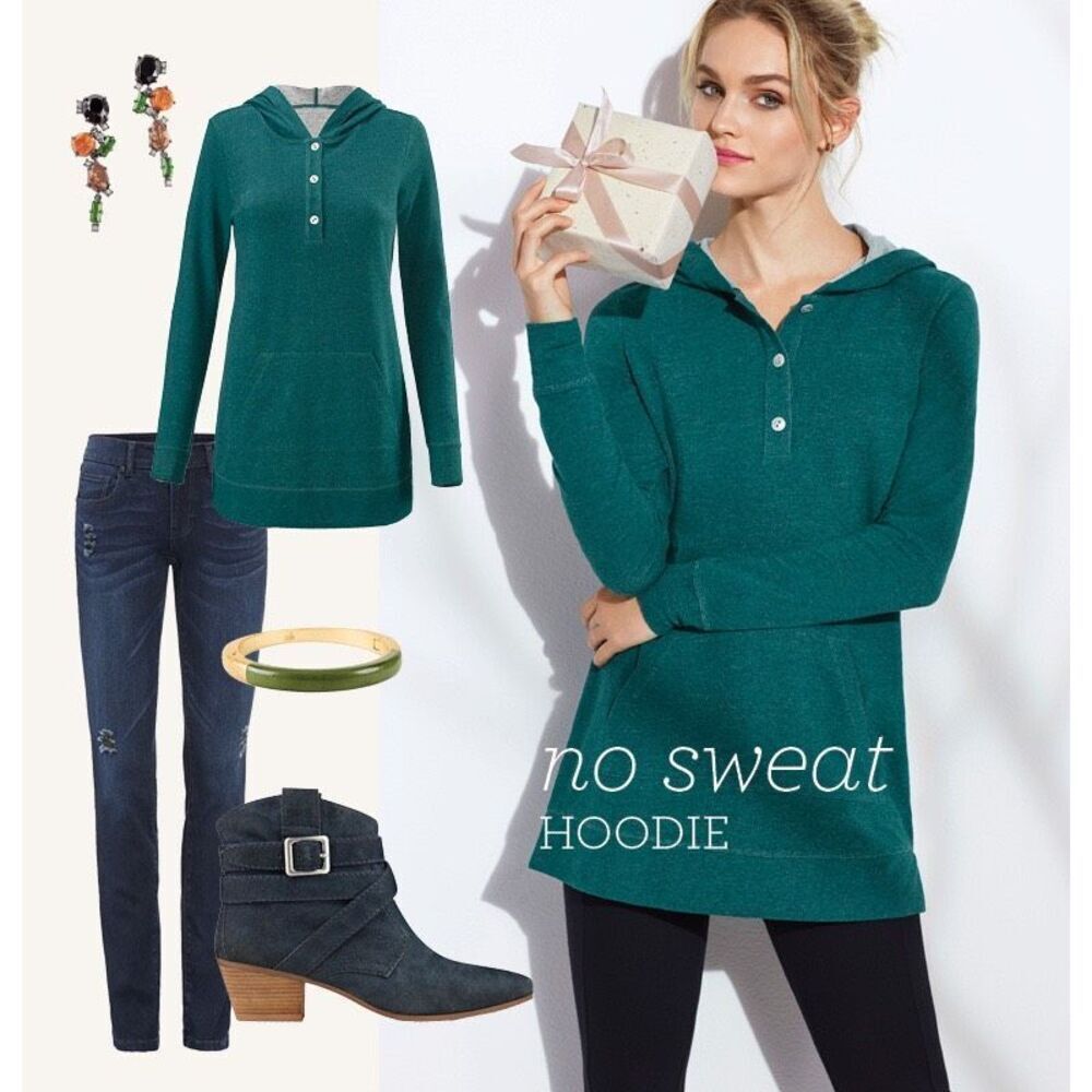 Cabi No Sweat Hooded Tunic Top Large Henley Pullover Cozy Knit #3321